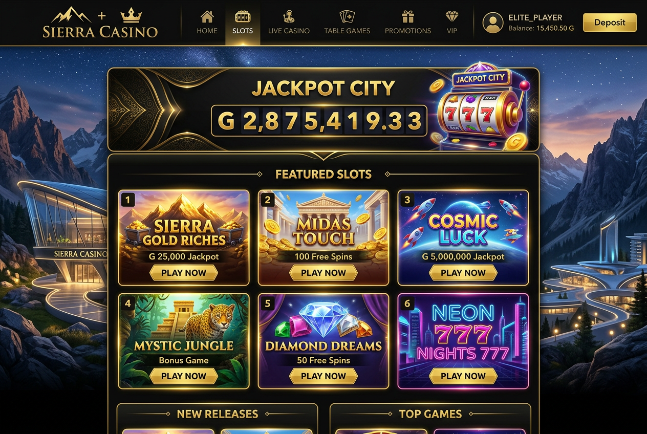 Nowoczesny design lobby kasyna Sierra Casino z widocznymi automatami i złotymi akcentami